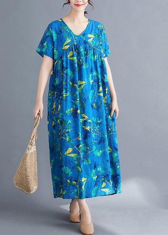 Italian V Neck Cinched Linen Wardrobes Pattern Blue Print Dresses Summer
