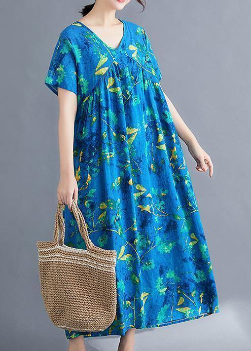 Italian V Neck Cinched Linen Wardrobes Pattern Blue Print Dresses Summer