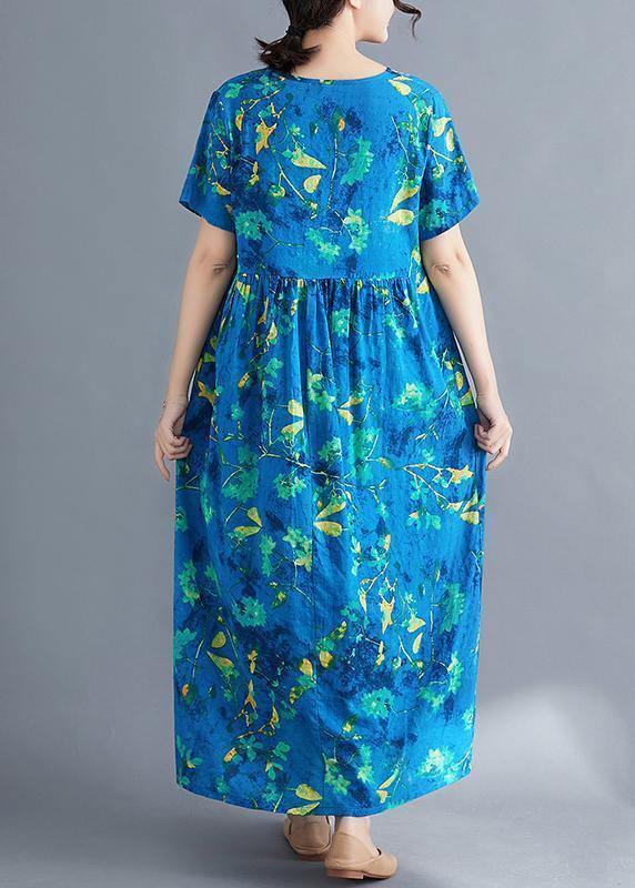 Italian V Neck Cinched Linen Wardrobes Pattern Blue Print Dresses Summer