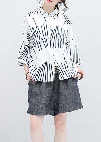 Italian White Asymmetric Striped Cotton Long Shirts Half Sleeve Art Summer Shirt