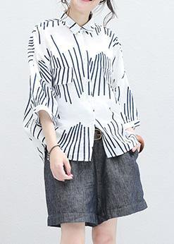 Italian White Asymmetric Striped Cotton Long Shirts Half Sleeve Art Summer Shirt
