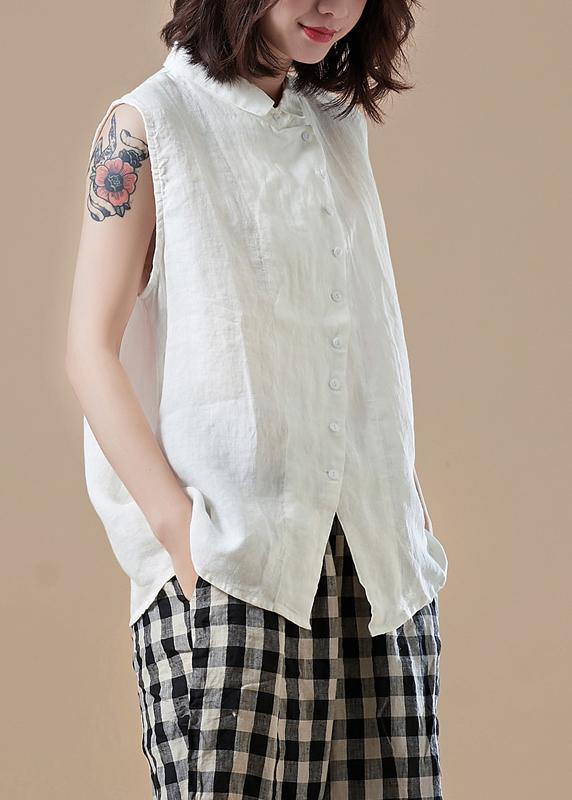 Italian White Cotton Shirts Shape Peter Pan Collar Sleeveless Short Summer Top