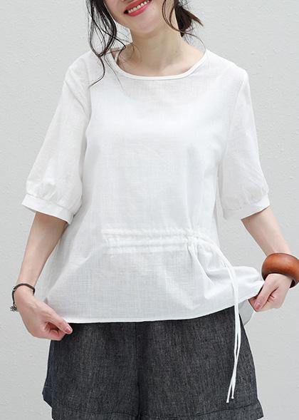 Italian White Cotton Shirts Tunic Tops O Neck Drawstring Shirt