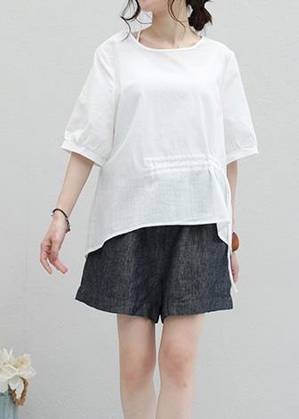 Italian White Cotton Shirts Tunic Tops O Neck Drawstring Shirt