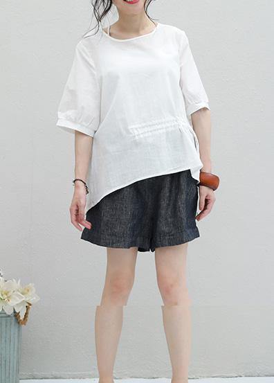 Italian White Cotton Shirts Tunic Tops O Neck Drawstring Shirt