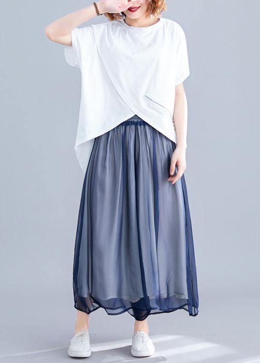 Italian White O Neck Cotton Clothes for Asymmetric Hem Daily Summer Blouses