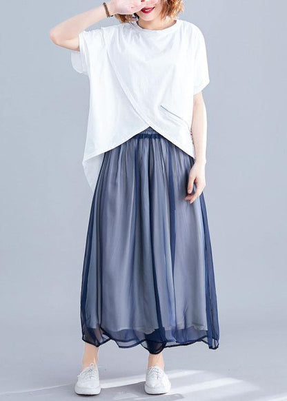 Italian White O Neck Cotton Clothes for Asymmetric Hem Daily Summer Blouses