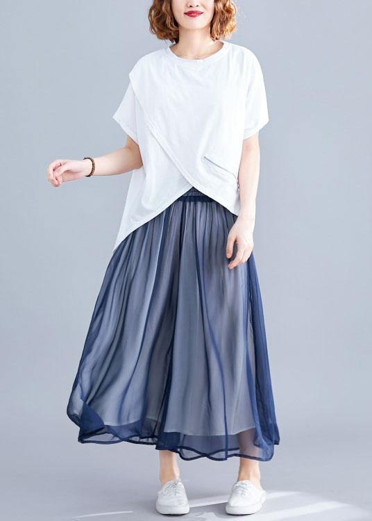 Italian White O Neck Cotton Clothes for Asymmetric Hem Daily Summer Blouses