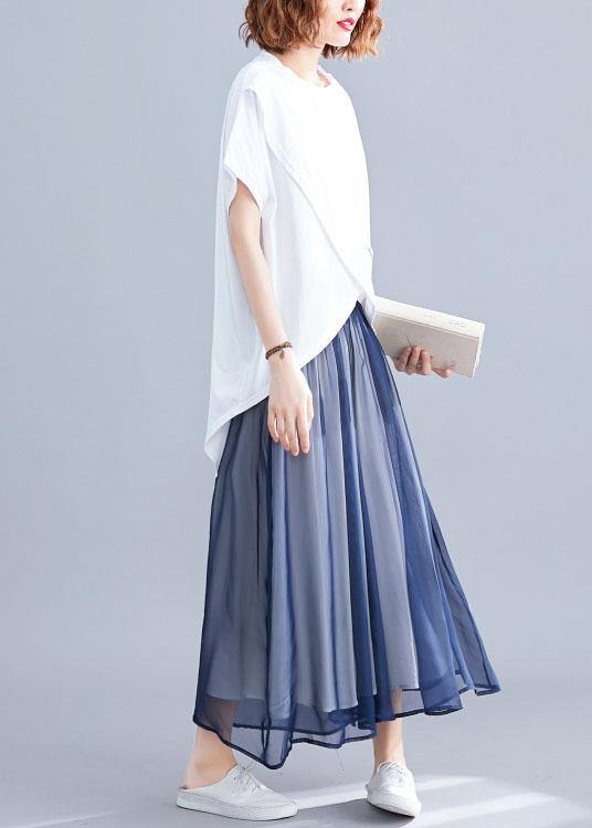 Italian White O Neck Cotton Clothes for Asymmetric Hem Daily Summer Blouses