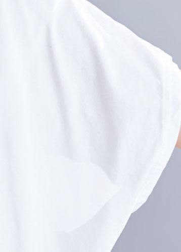 Italian White O Neck Cotton Clothes for Asymmetric Hem Daily Summer Blouses