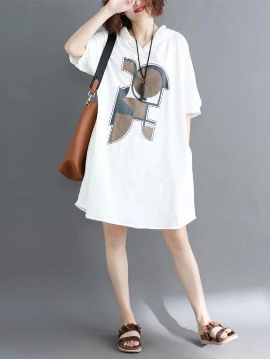 Italian White Print Cotton Tunics Hooded Dresses Summer Dress