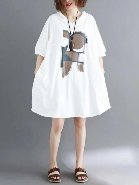 Italian White Print Cotton Tunics Hooded Dresses Summer Dress