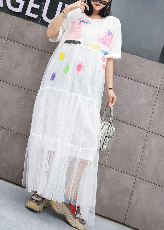 Italian White Prints Cotton Dresses Patchwork Lace Summer Dresses