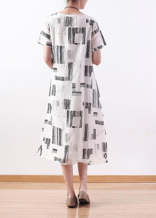 Italian White Prints Linen Dresses Asymmetric Loose Summer Dress