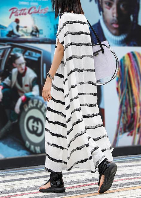 Italian White Striped Chiffon Robes O Neck Pockets Art Dress