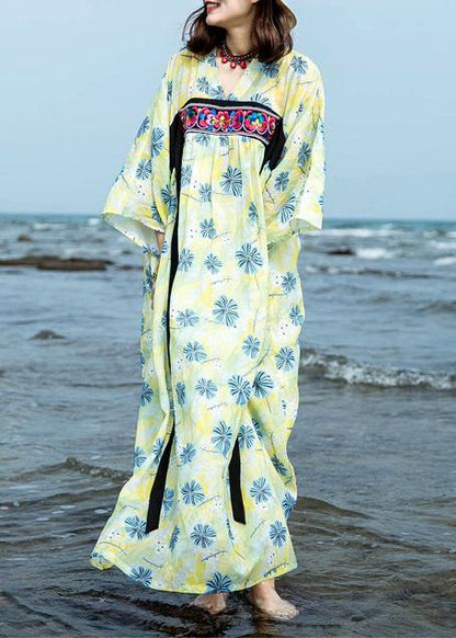 Italian Yellow Green Print Cotton Linen Clothes for O Neck Traveling Summer Dress