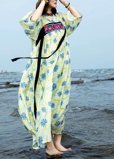 Italian Yellow Green Print Cotton Linen Clothes for O Neck Traveling Summer Dress