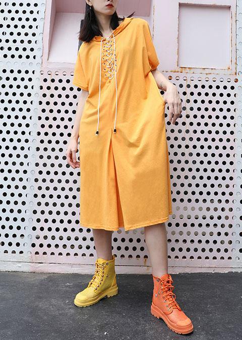 Italian Yellow Hooded Cotton Dresses Side Open Long Summer Dress