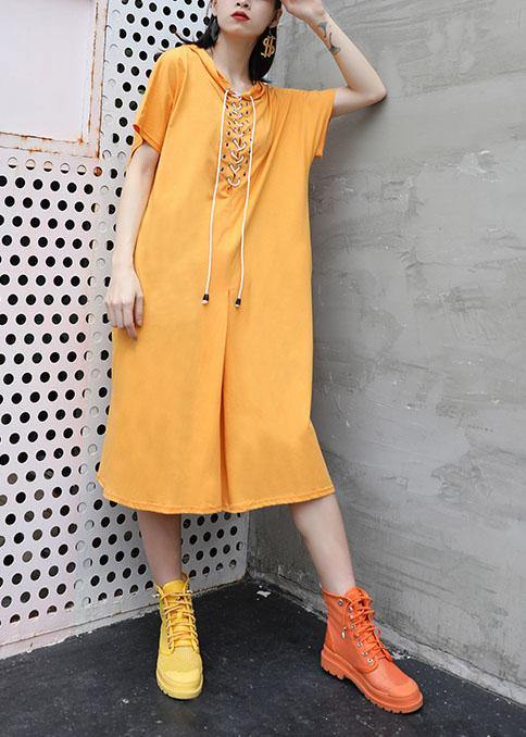 Italian Yellow Hooded Cotton Dresses Side Open Long Summer Dress
