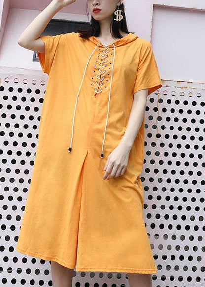 Italian Yellow Hooded Cotton Dresses Side Open Long Summer Dress