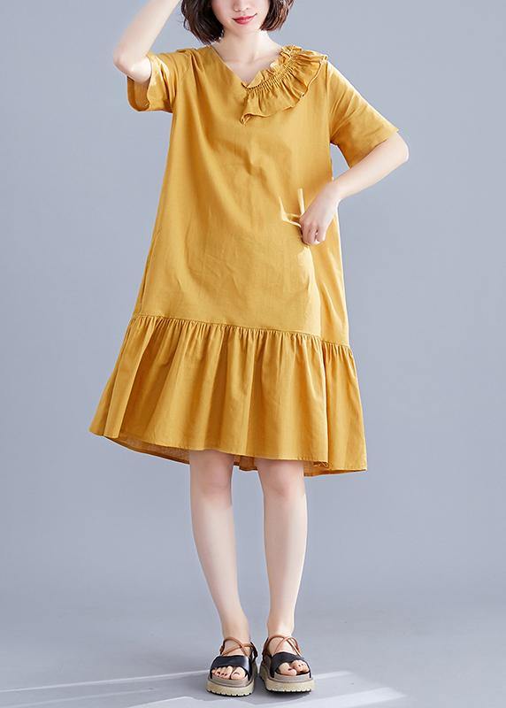 Italian Yellow Linen Dresses V Neck Ruffles Art Summer Dress