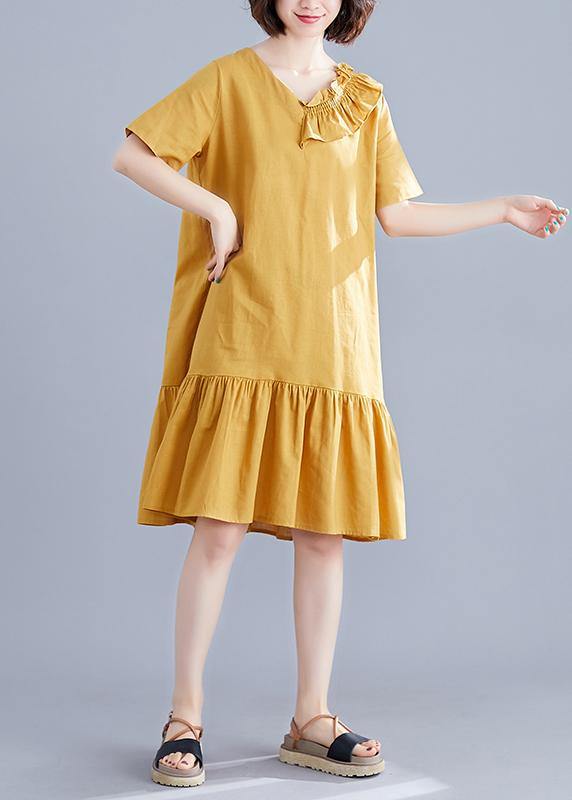 Italian Yellow Linen Dresses V Neck Ruffles Art Summer Dress