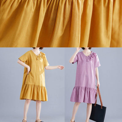 Italian Yellow Linen Dresses V Neck Ruffles Art Summer Dress