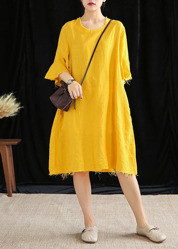 Italian Yellow Linen Quilting Clothes O Neck Petal Sleeve Daily Dresses