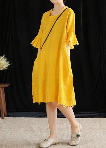 Italian Yellow Linen Quilting Clothes O Neck Petal Sleeve Daily Dresses