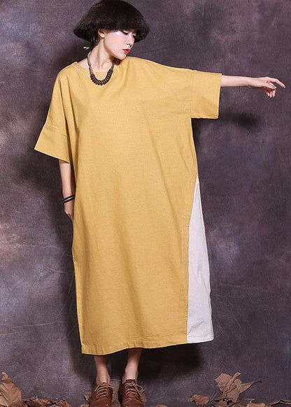 Italian Yellow Patchwork Cotton Tunics Batwing Sleeve a Line Summer Dress