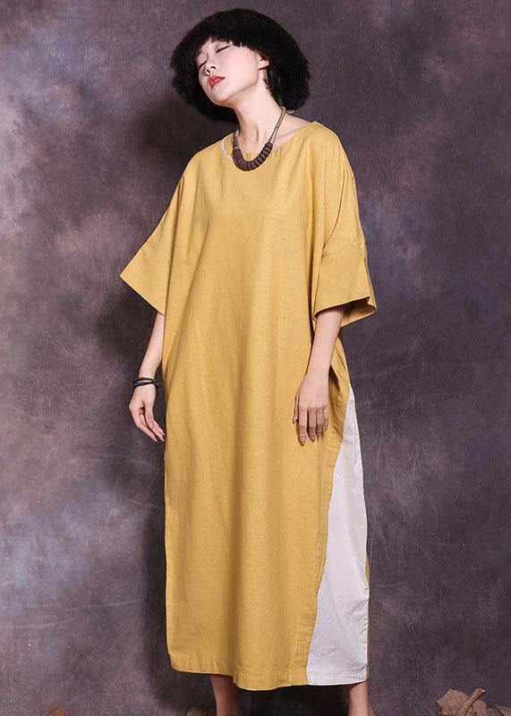 Italian Yellow Patchwork Cotton Tunics Batwing Sleeve a Line Summer Dress