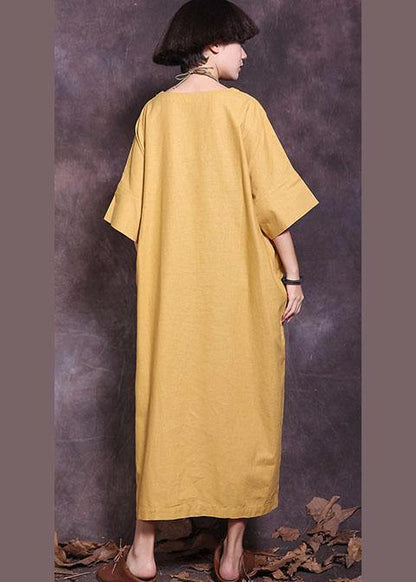 Italian Yellow Patchwork Cotton Tunics Batwing Sleeve a Line Summer Dress