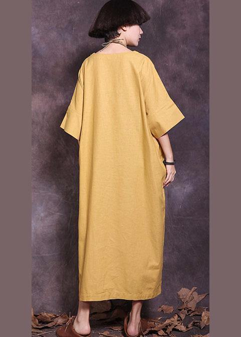Italian Yellow Patchwork Cotton Tunics Batwing Sleeve a Line Summer Dress