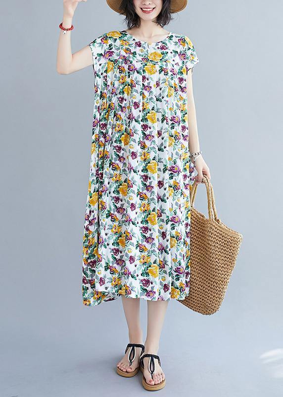 Italian Yellow Print Pattern O Neck Pockets Long Summer Dresses