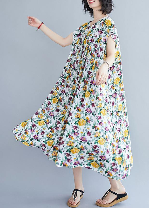 Italian Yellow Print Pattern O Neck Pockets Long Summer Dresses