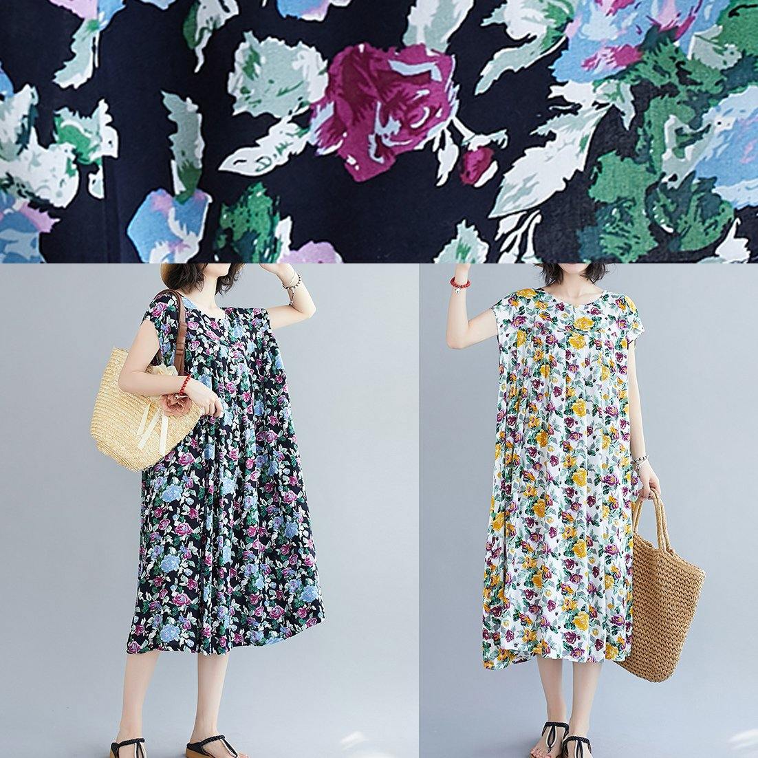 Italian Yellow Print Pattern O Neck Pockets Long Summer Dresses