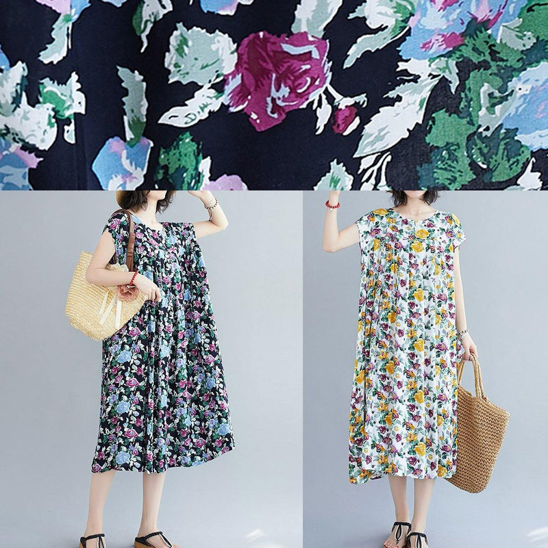 Italian Yellow Print Pattern O Neck Pockets Long Summer Dresses