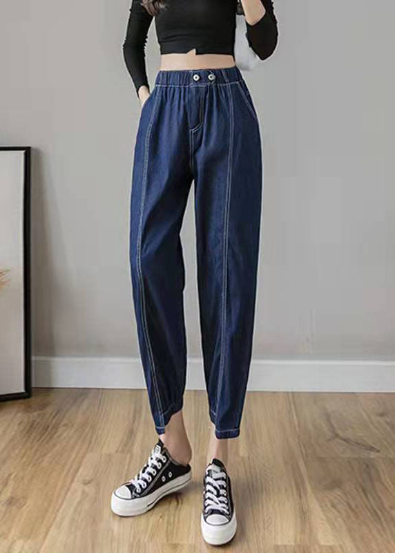 Italian Spring Pants Stylish Denim Blue Photography Elastic Waist Patchwork Pants