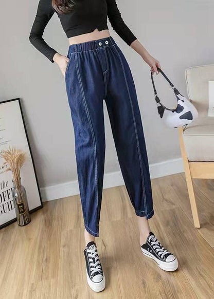 Italian Spring Pants Stylish Denim Blue Photography Elastic Waist Patchwork Pants