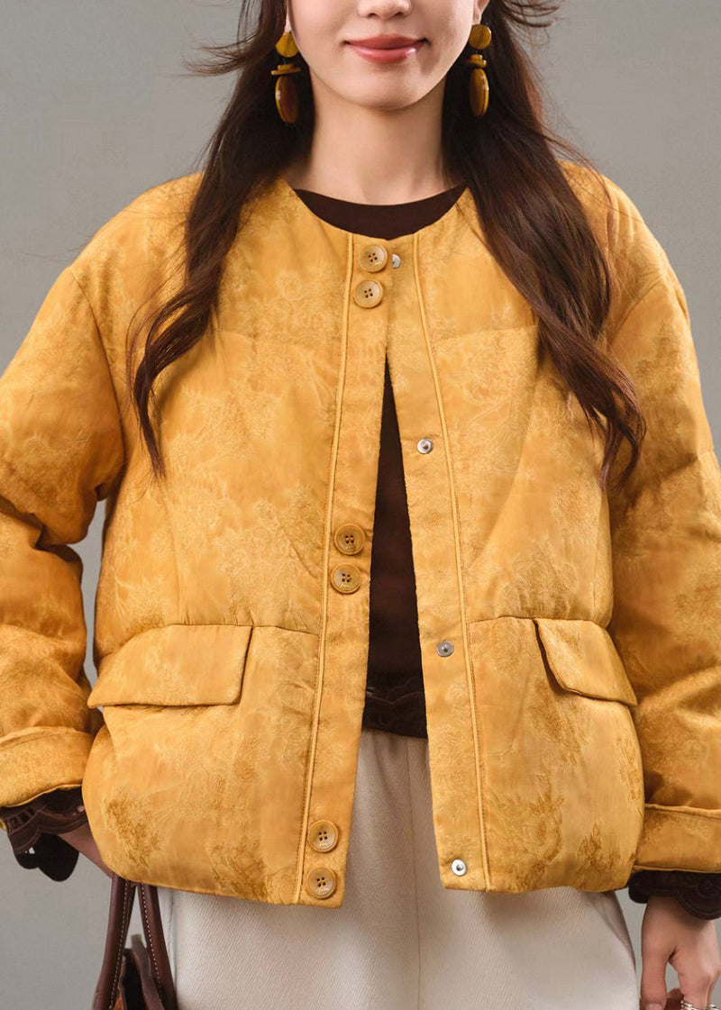 Jacqua Yellow O-neck Button Pockets Down Coat Winter