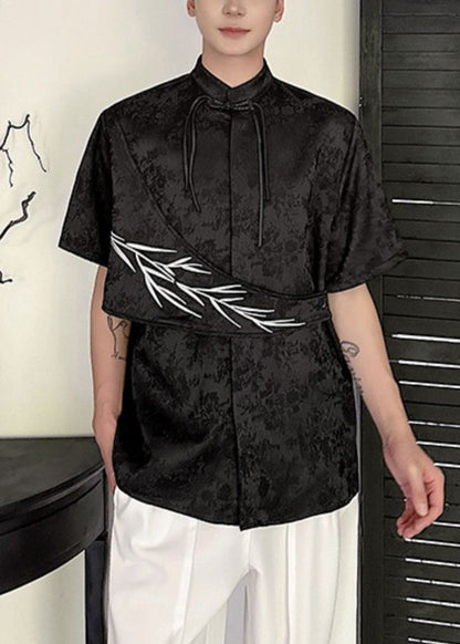 Jacquard Apricot Embroideried Chinese Button Cotton Shirts Summer