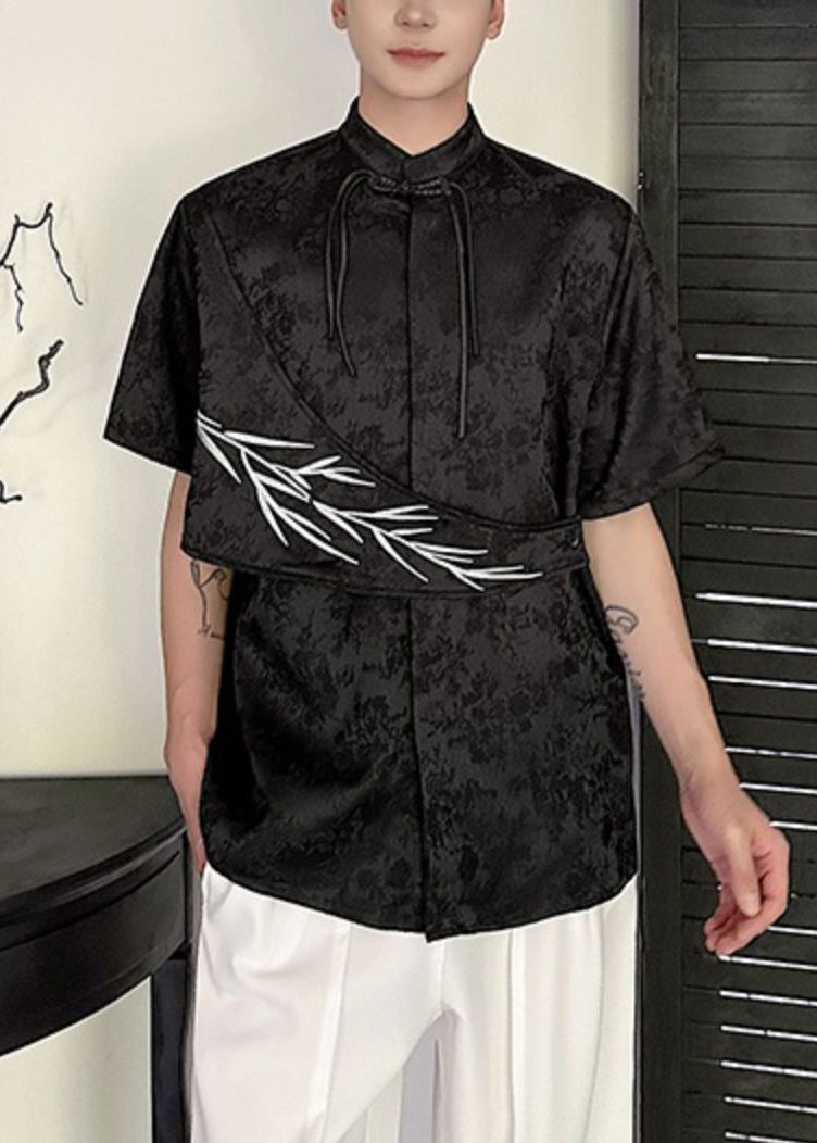 Jacquard Apricot Embroideried Chinese Button Cotton Shirts Summer