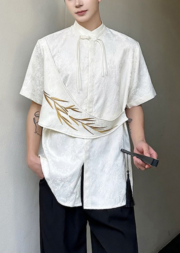 Jacquard Apricot Embroideried Chinese Button Cotton Shirts Summer