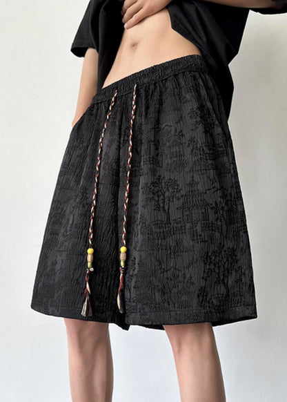 Jacquard Apricot Pockets Elastic Waist Cotton Shorts Long Summer