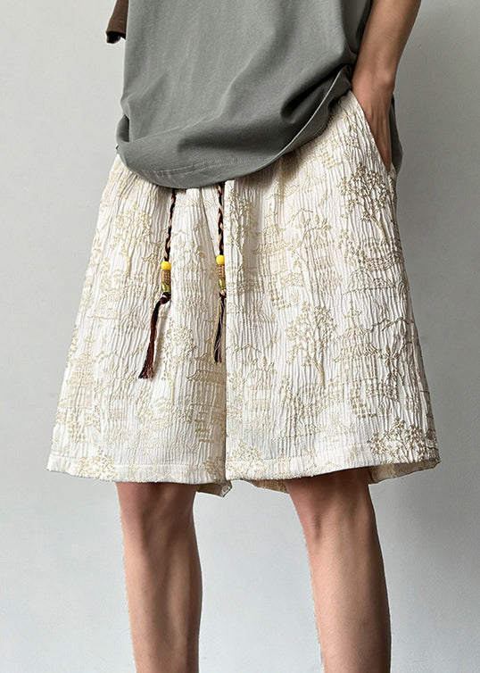 Jacquard Apricot Pockets Elastic Waist Cotton Shorts Long Summer