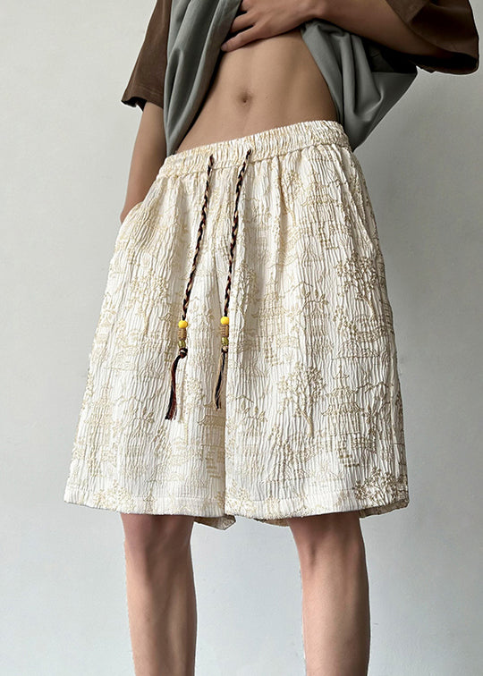 Jacquard Apricot Pockets Elastic Waist Cotton Shorts Long Summer