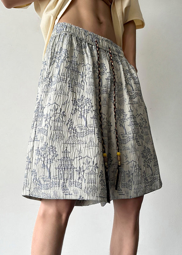 Jacquard Apricot Pockets Elastic Waist Cotton Shorts Long Summer