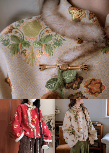Jacquard Apricot Stand Collar Patchwork Warm Fleece Parka Winter