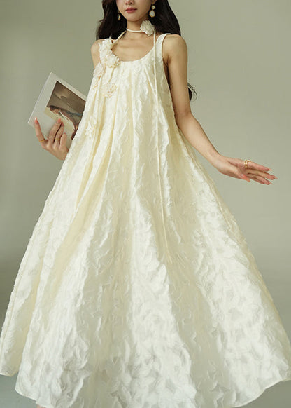 Jacquard Beige Tie Waist Cotton Party Dress Sleeveless
