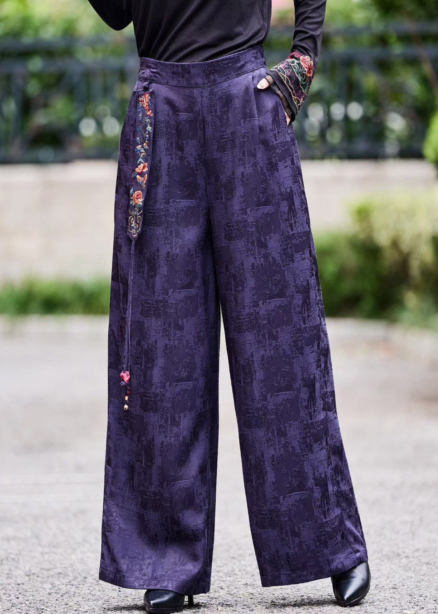 Jacquard Beige High Waist Patchwork Satin Straight Pants Summer